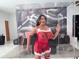 Nia Bleu in Christmas Lingerie with Candy Cane Sucks Cock and Gets Fucked in Glass Case