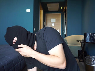 Blonde in Lingerie Dominates Masked Man with Heels