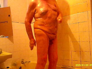 fat grandpa with micro dick takes a quick shower
