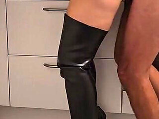Blonde Girl Gets Fucked in Overknee Boots in the Kitchen