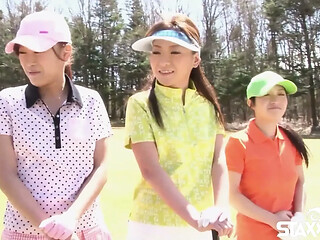 Cute Asian teen girls play a game of strip golf