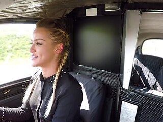 Pigtailed female taxi driver Cherry Kiss gets fucked in her car