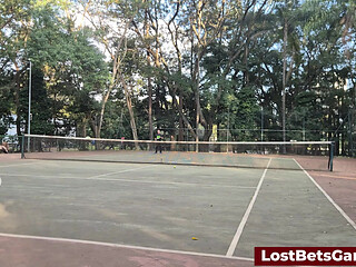 An outdoor strip tennis match with Rafaela and Igor
