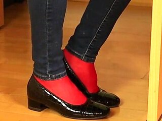 Red Nylon Feet in Black Shiny Heels - Dangling & Tease in Tight Jeans