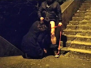 Hot MILF on dog leash gags on boy's cock in public