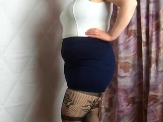 Mini skirt heels and fishnet stockings unensored