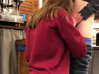 First Blowjob at Work - Sucking a Cock While Kneeling Under the Bar Counter