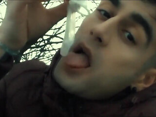 Licking Used Cum Filled Condom Outdoor