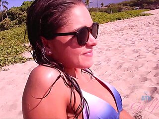 Petite brunette Zoe Bloom in glasses, enjoying the beach in a bikini