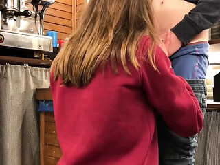 First Blowjob at Work - Sucking a Cock While Kneeling Under the Bar Counter