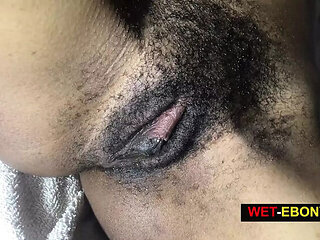 Wet Ebony Moans Loud & Vibrates in Loving Missionary - Big Cock & Hairy Pussy Close-Up