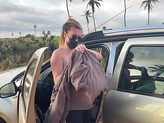 Naked Busty Blonde Walks by Car on Public Road