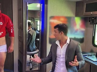 Interrupting his online interview and giving a blowjob