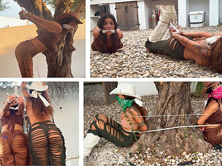 Crook Girls Tied Tight. Two Powerless Cowgirls Cleave Gagged to a Tree and Rough Ropes Hogtie