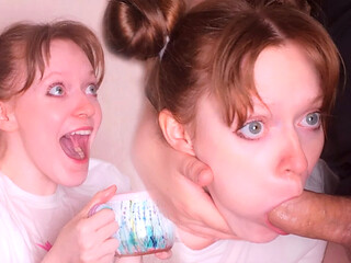 Crazy redhead stepsister aggressively sucks a massive cock