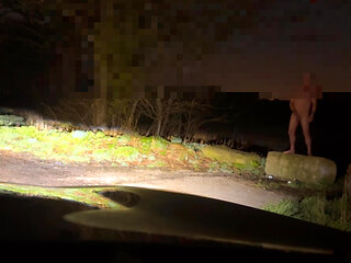 Naked barefoot twerking and jerking car passed and I half hide, by arse is in the air to be seen