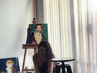 Russian brunette busty camgirl masturbating on webcam
