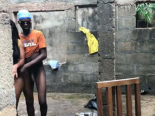 Enugu spa attendant gets caught off guard by bbc in the backyard creaming on his dick