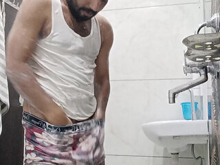 Indian Rajasthani desi man enjoy shower and masterbation show with neighbour police officer uncle get sucked and sucking with ne