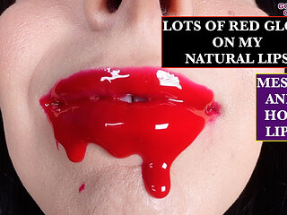 Lots of Red Gloss on My Natural Lips - Messy and Hot Lips