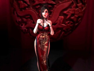 Sexy oiled Tifa Lockhart in revealing red dress shamelessly dancing pantyless