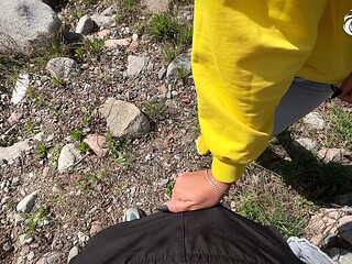 Russian tourists - sucking cock and swallowing cum outdoors during a hike.