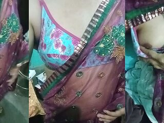 Indian Gay Crossdresser Gaurisissy Showing Her Full Body and Pressing and Playing with Her Big Boobs in Pink Saree