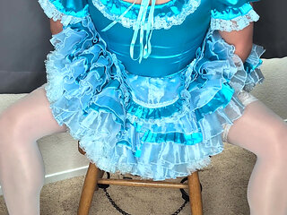 Satin Sissy Maid Riding Her Sex Doll in Chastity and Cuffs