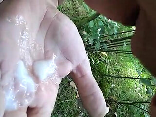 Walk in the woods, cumshot on hand, licking your.