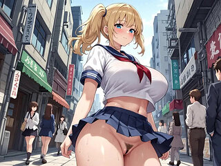 Walking on a lively street with her lower body exposed