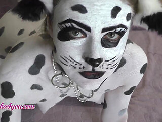 Beautiful girl in Dalmatian costume playfully rides Cavalier's big dick