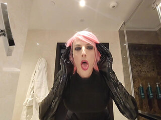 Sandy pink hair and black outfit