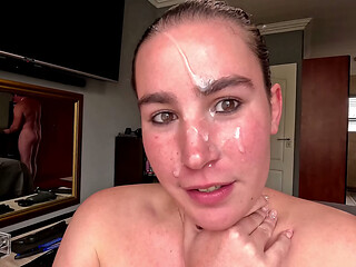 UNFAITHFUL HOTWIFE sends CUCKOLD husband selfie BLOWJOB with CUM FACIAL