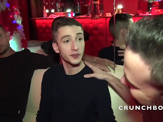 Twink fucked raw by 2 straight boys curious in a bar sauna