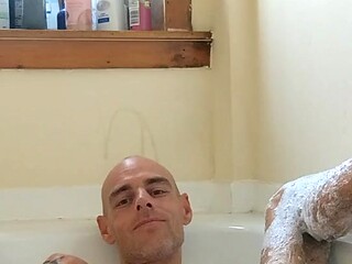 German Asian man slaps his huge cock against his asshole