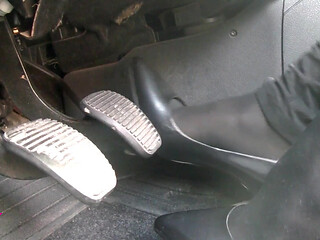 Pedal Pumping in Black Pantyhose and Grey Patent High Heels
