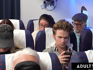 ADULT TIME - Olivia Jay Flashes Tits & Fingers Pussy On Plane! Gets Caught & Fucked Hard By Seatmate