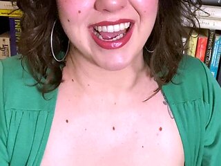 Busty curly brunette with big boobs fucks on couch