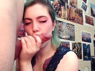 Alternative girl deepthroats and swallows cum