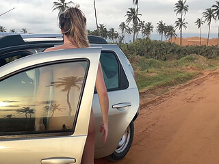Naked Busty Blonde Walks by Car on Public Road