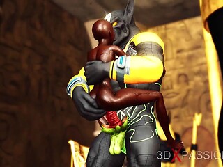 Ancient Egypt. Anubis plays with a hot black girl in the temple