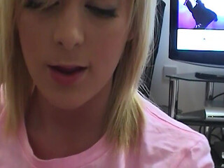 Blonde Stuffer Sucks Finger and Shows Pussy Closeup