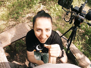 Black Lynn Sucks Me and Swallows My Cum - Outdoor Blowjob Filming Backstage - POV