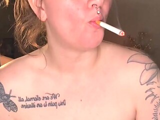 Smoking and stripping, chubby babe's tease