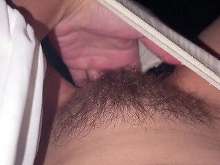 Horny teen rubs her hairy and wet pussy late at night POV