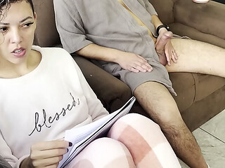 Stepdaughter masturbates him and sucks him off until she swallows it all.
