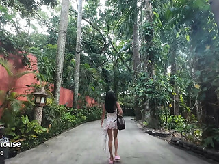 Tiny Asian cutie gets a surprise underwater blowjob at the resort pool.
