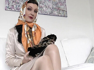 Lady Victoria Valente Jerk Off Instruction in Headscarf and Fur