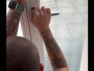 Switzerland hotel balcony quickie cum covered tits