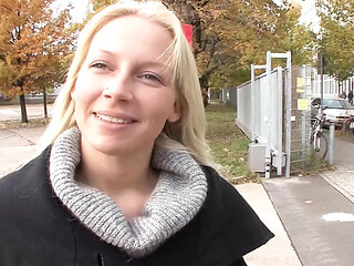 Pretty blonde German girl gets a huge facial from her man doll